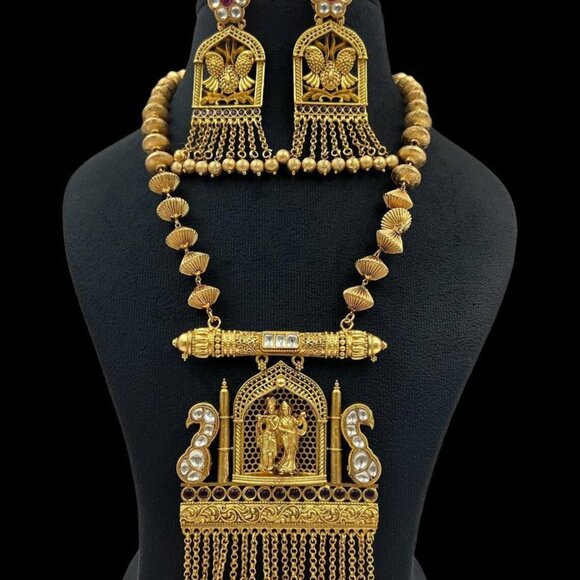 Exclusive Radha Krishna Golden Polish Tample Jewellery Necklace Earrings Set - Picture 3 of 3